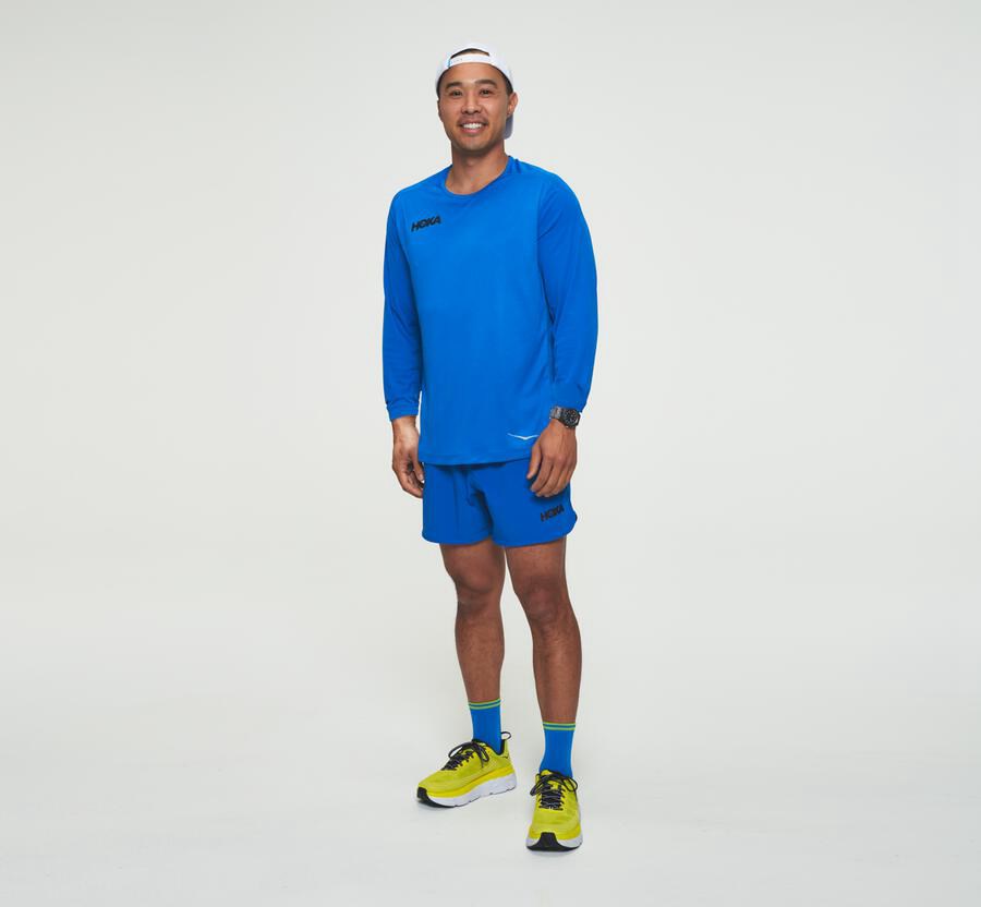 Top Hoka One One Hombre - Performance Largos Sleeve - Azules - BZH249538